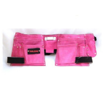 11-Pocket Pink Double Leather Belt Tool Pouch with Tape & Hammer Holders, 50mm Adjustable Belt