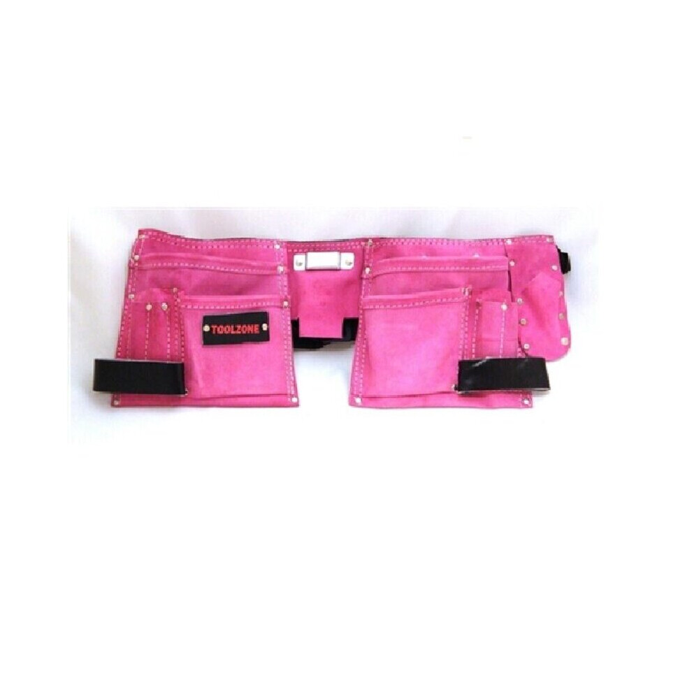 11-Pocket Pink Double Leather Belt Tool Pouch With Tape & Hammer Holders, 50Mm Adjustable Belt 5055143914306