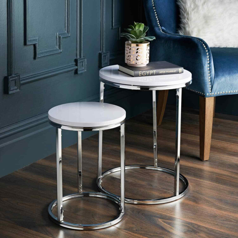 Spot On Dealz High Gloss Set Of 2 Coffee Nest Tables Side End Table With Chrome Legs White