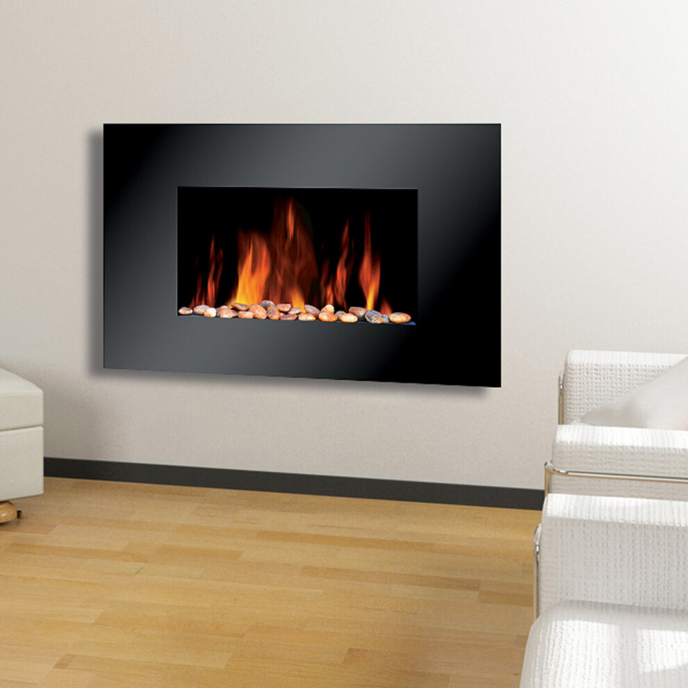 Wall Mounted Electric Fire Slim Fireplace Black Glass Remote Control Living Room