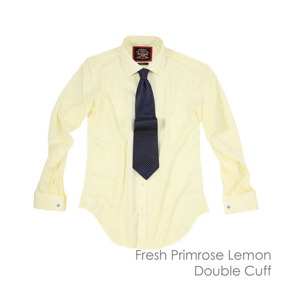 (17.5 inches) Fresh Primrose Lemon, Double Cuff, The London Plain Mens Shirt, Regular Fit, Formal Dress Wear by Janeo British Apparel.