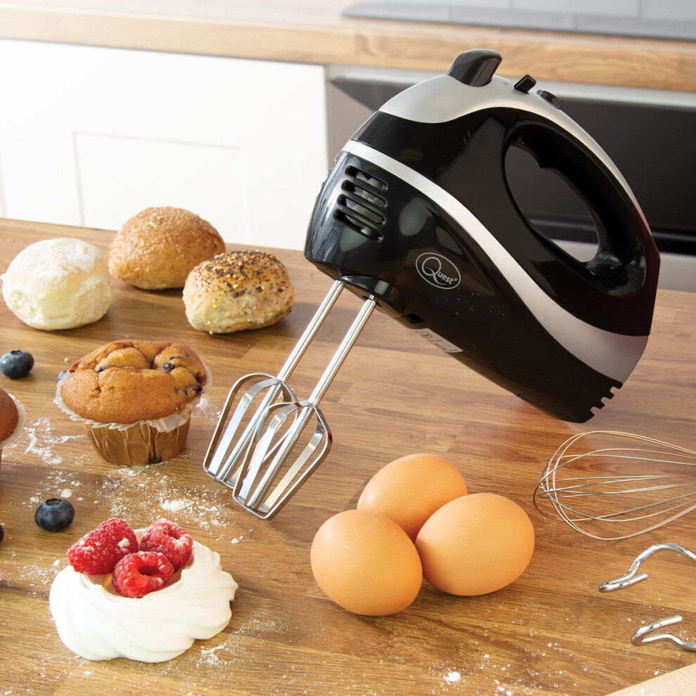Quest 35810 Black Electric Hand Mixer / Complete With Chrome Beaters, Dough Hooks & Balloon Whisk