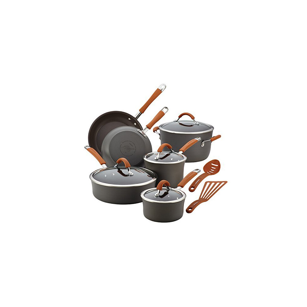 Rachael Ray Cucina Hard-Anodized Aluminum Nonstick Cookware Set, 12-Piece, Gray, Pumpkin Orange Handles