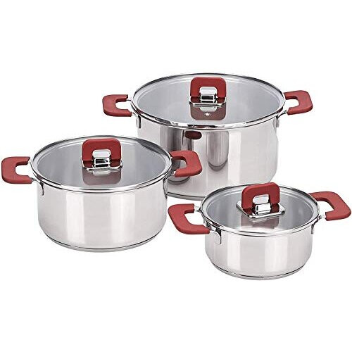 Amazon 3-Piece Stainless Steel Space Saving Induction Cookware Set - Casserole with Stackable Lid, Soft Touch Handle - 16/20/24 cm