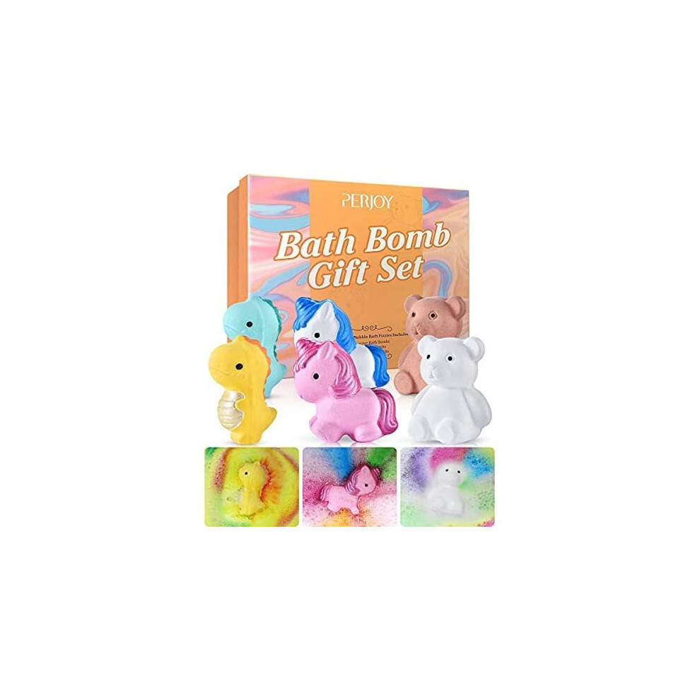 Perjoy Bath Bombs, Natural Bath Bomb Gift Set, 6 Bubble Bath Bombs For Women Kids, Dinosaur Bear Unicorn Fizzies, Shea Butter Spa Moisturize, Han