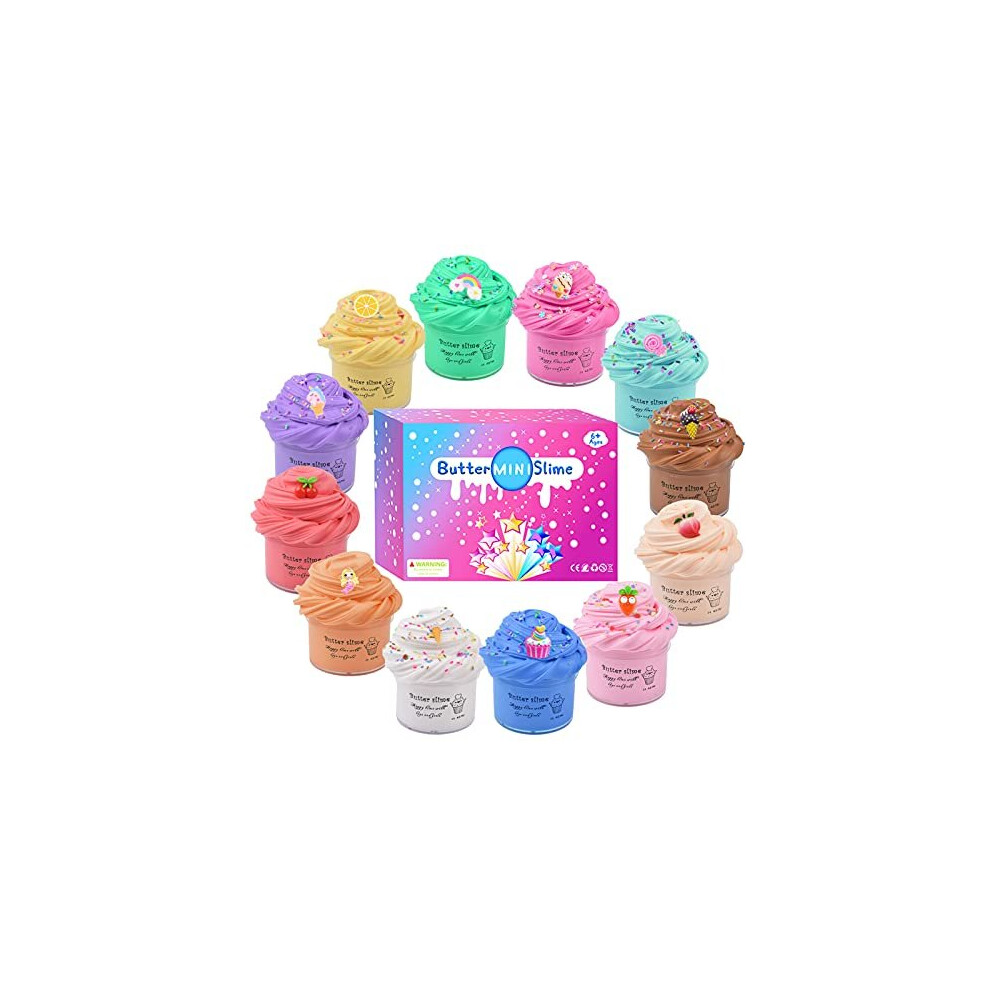 Petyuioyu Fluffy Slime Kit 12-Pack: Butter Slime With Rainbow Unicorn & Fruit Colors, Super Soft, Non-Sticky, Stress-Relief Putty Toy