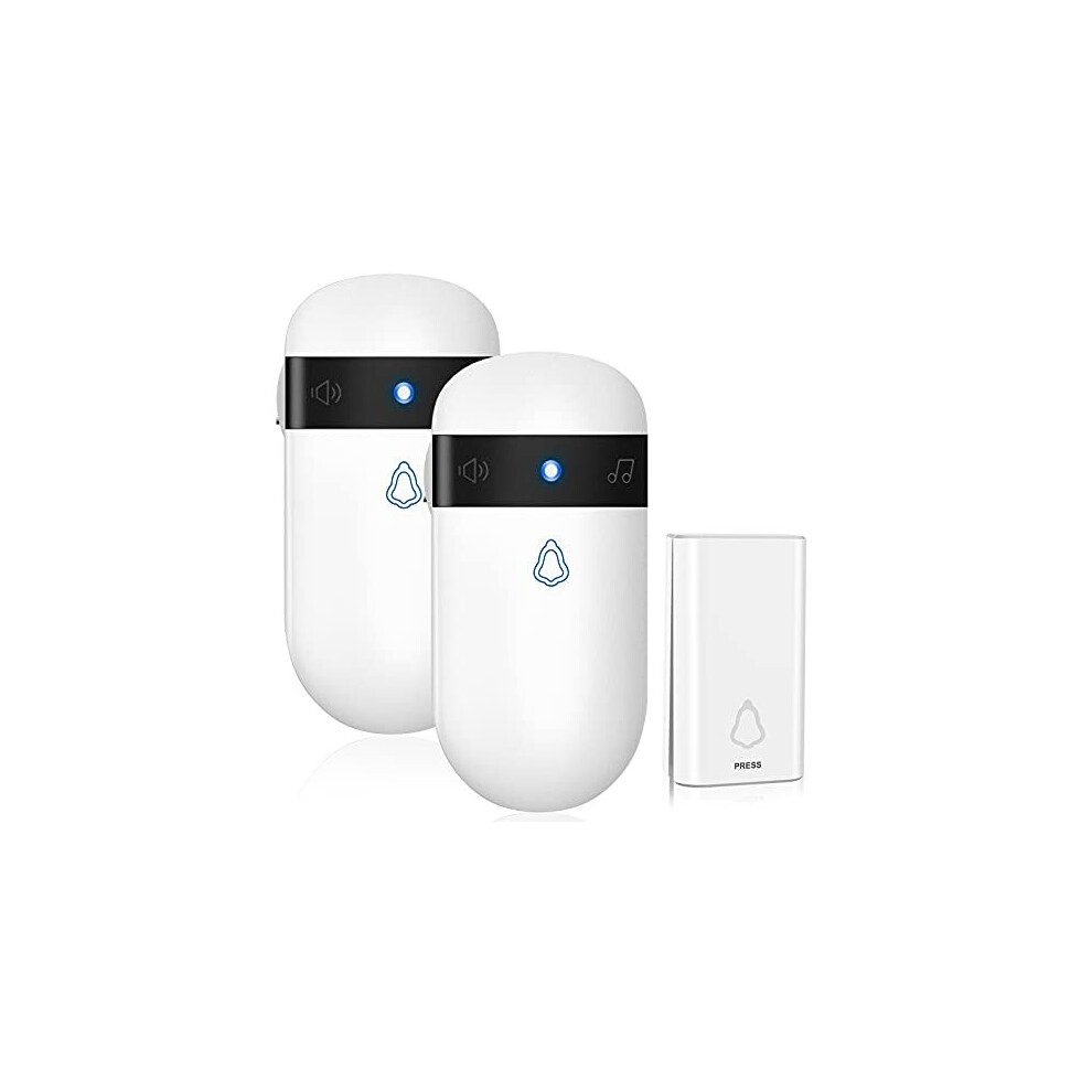 Doorbell Self-Powered, IP55 Waterproof Door Bell Wireless Cordless Plug in 2 Receivers, 52 Loud Chimes, 5 Level Volume (0-115dB) & 7 Colors