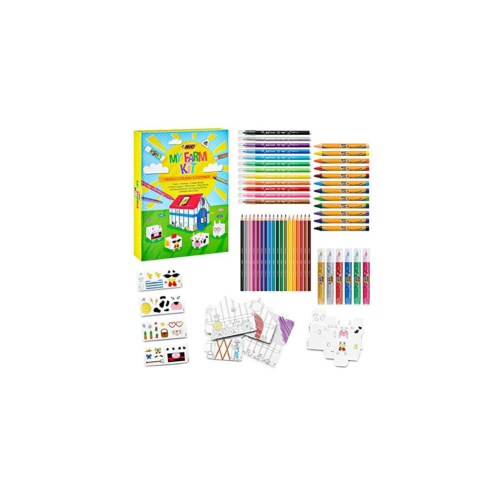 Bic Kids My Farm Colouring Kit - 12 Felt Pens/12 Wax Crayons/ 12 Colouring Pencils/1 Eraser/1 Glue Stick/6 Glitter Glue/Stickers/Paper Anima