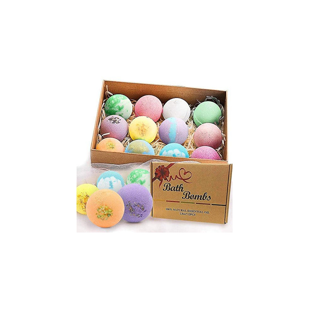 Bath Bombs Gift Set-Organic Natural Essential Oils, Relax and Moisturize Skin, 2.8 OZ*12 PCS BOENFU Luxury Spa Bomb Gifts for Girl, Mom, Kids, Wi