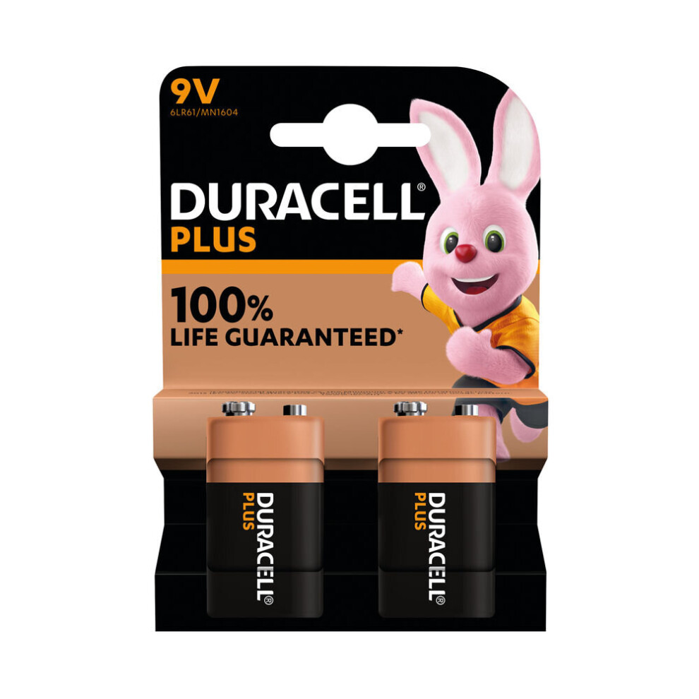 Duracell Plus 9V Battery Alkaline 100% Life Pack of 2 5011416 DU14226