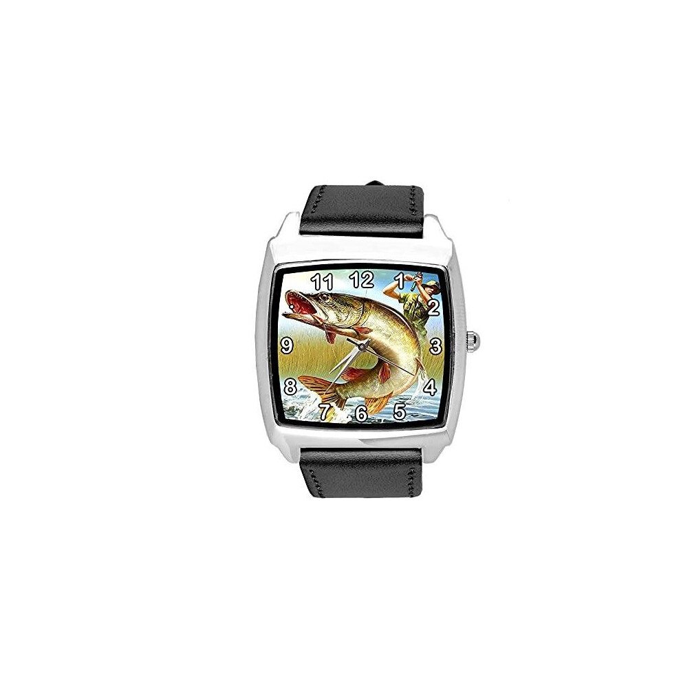 TAPORT Black Leather Quartz Square Watch for Fishing Fans E3