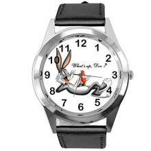 Black Leather Round Quartz Watch for Bunny Fans
