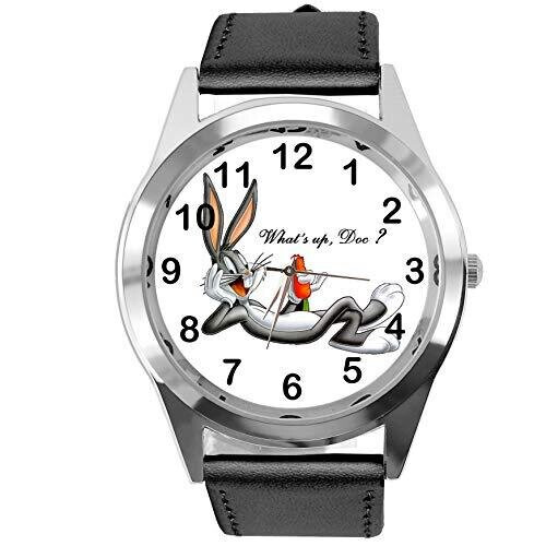 Black Leather Round Quartz Watch for Bunny Fans