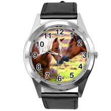 TAPORT Black Leather Round Watch for Beautiful Horse Fans E2