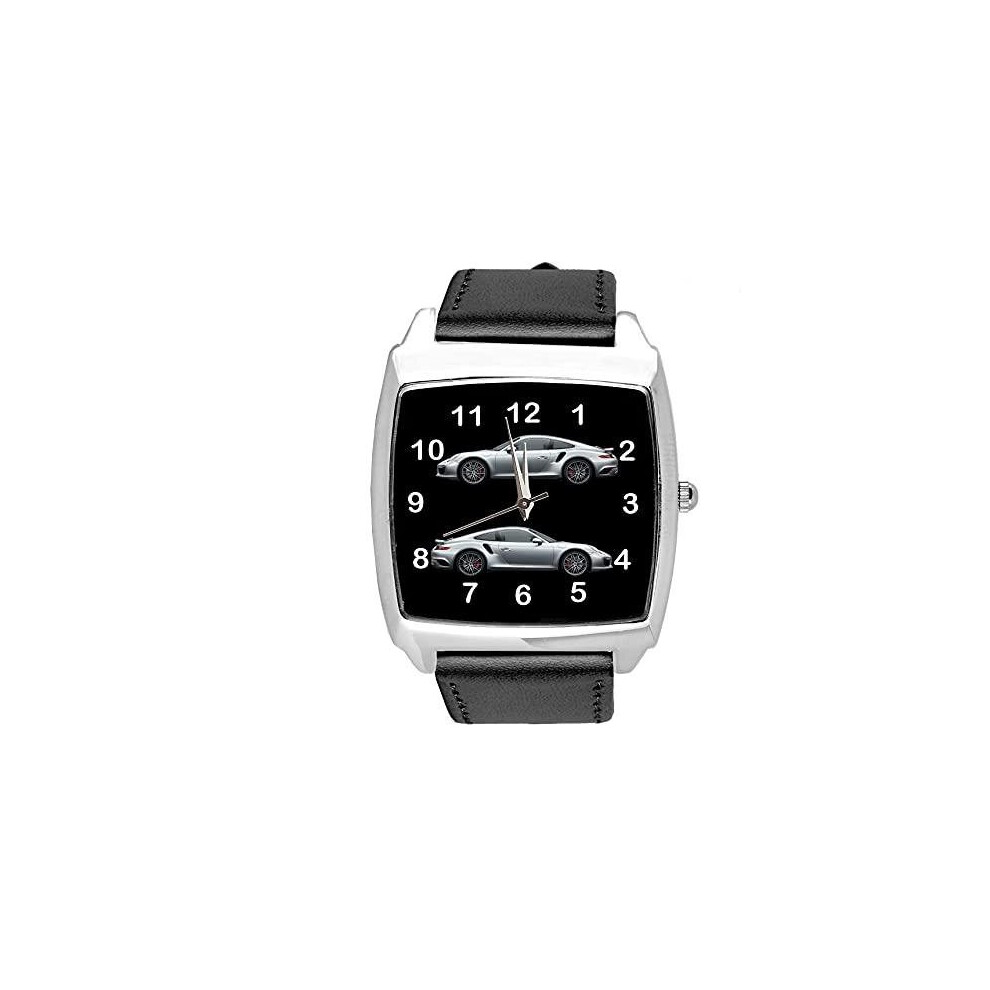 TAPORT Black Leather Quartz Square Watch for Sport Cars Fans E1