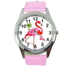Pink Leather Round Quartz Watch for Flamingo Fans