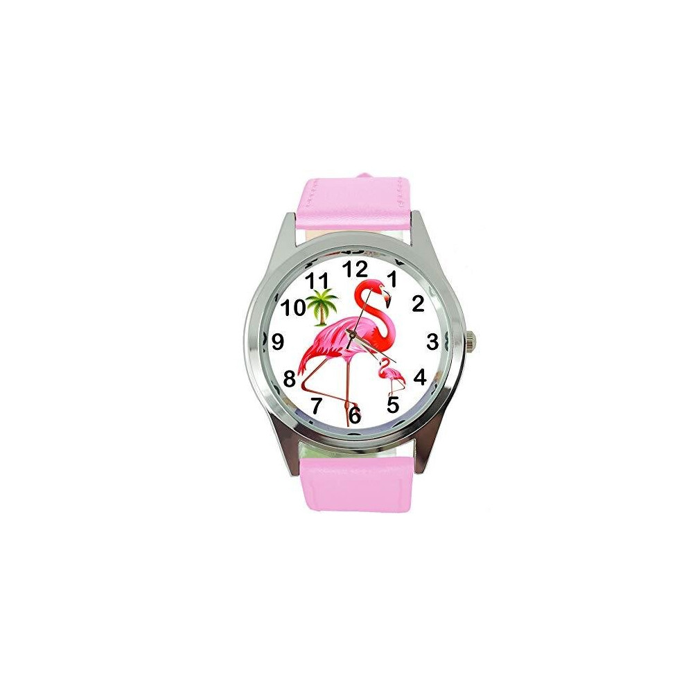 Taport Pink Leather Round Quartz Watch For Flamingo Fans Blue