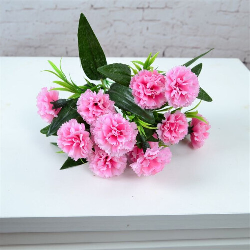 (Pink) 12 Heads Artificial Carnation Fake Silk Flower Bush Bouquet Home Wedding Decor