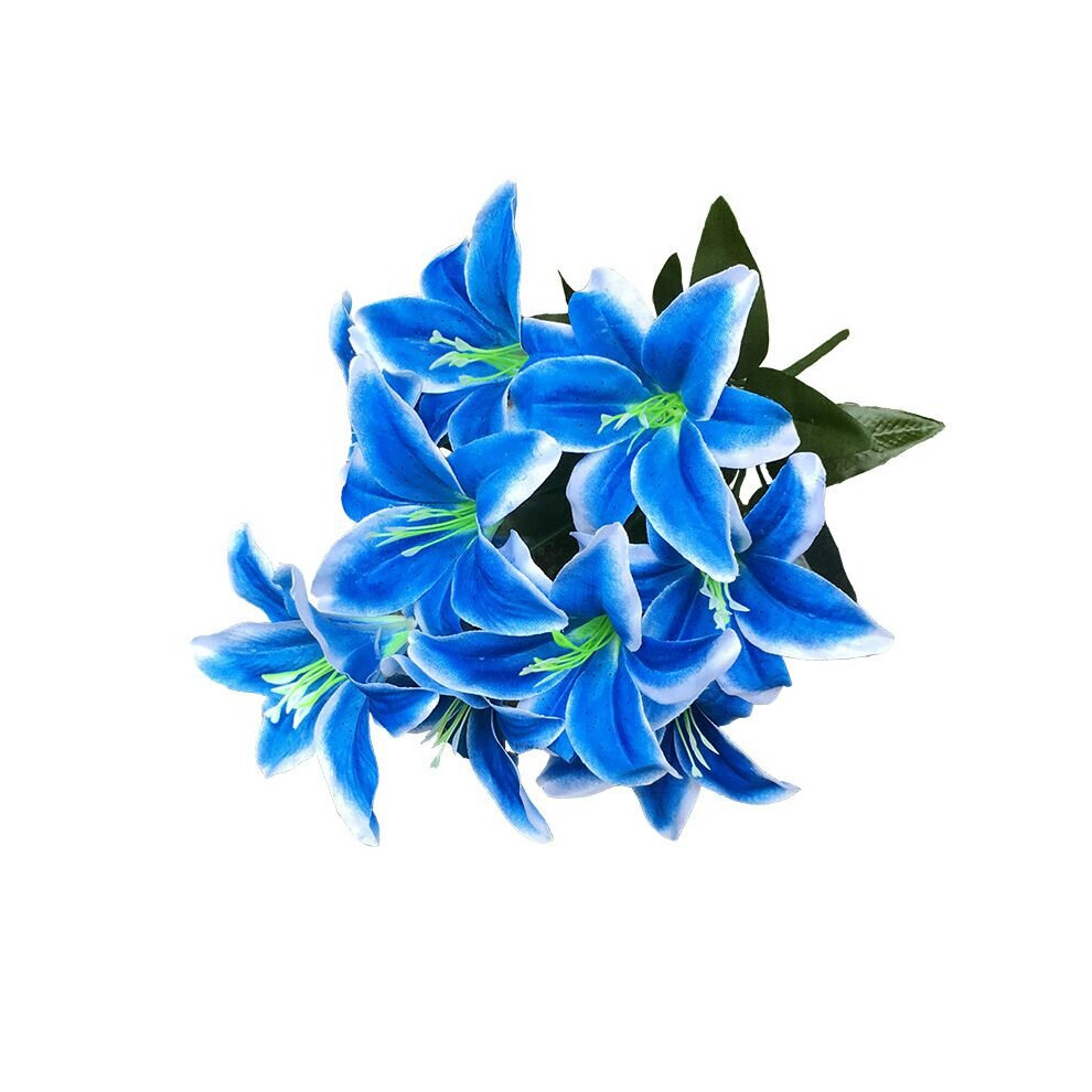 (Blue White) 45cm 10Heads Artificial Stargazer Lillies Lily Silk Fake Flower Bouquet Decor
