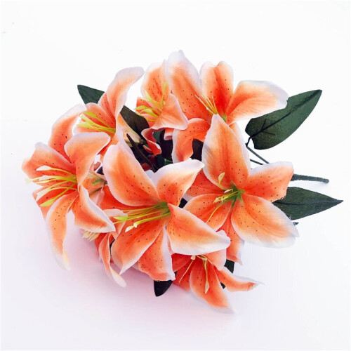(Orange White) 45cm 10Heads Artificial Stargazer Lillies Lily Silk Fake Flower Bouquet Decor