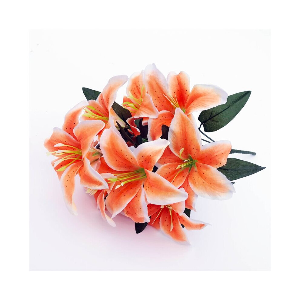 (Orange White) 45cm 10Heads Artificial Stargazer Lillies Lily Silk Fake Flower Bouquet Decor