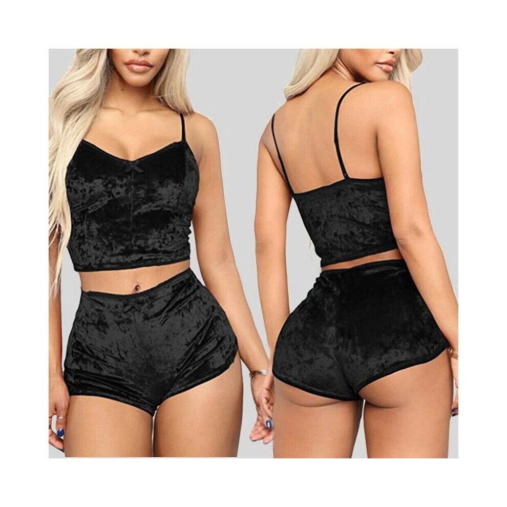 (Black, 3XL) Womens Pyjamas Set Nightwear Ladies Cami Shorts Pjs Lingerie Sexy Sleepwear 2Pcs