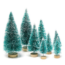 (blue green) 8PCS Christmas Small Pine Mini Tree Sisal Bottle Brush Snow Frost Fake Tree
