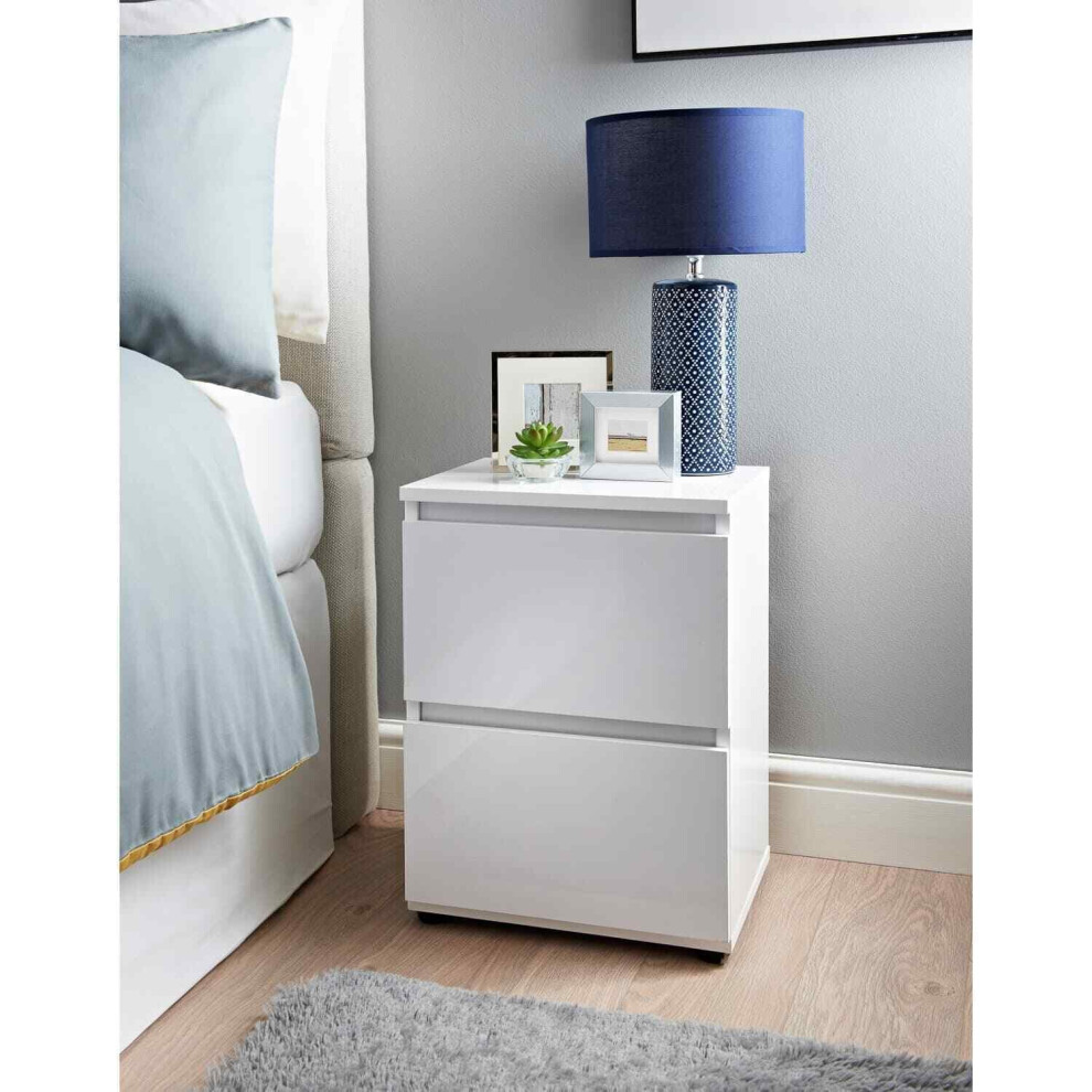 White High Gloss 2 Drawer Bedside Table Lamp Nightstand White Bedroom