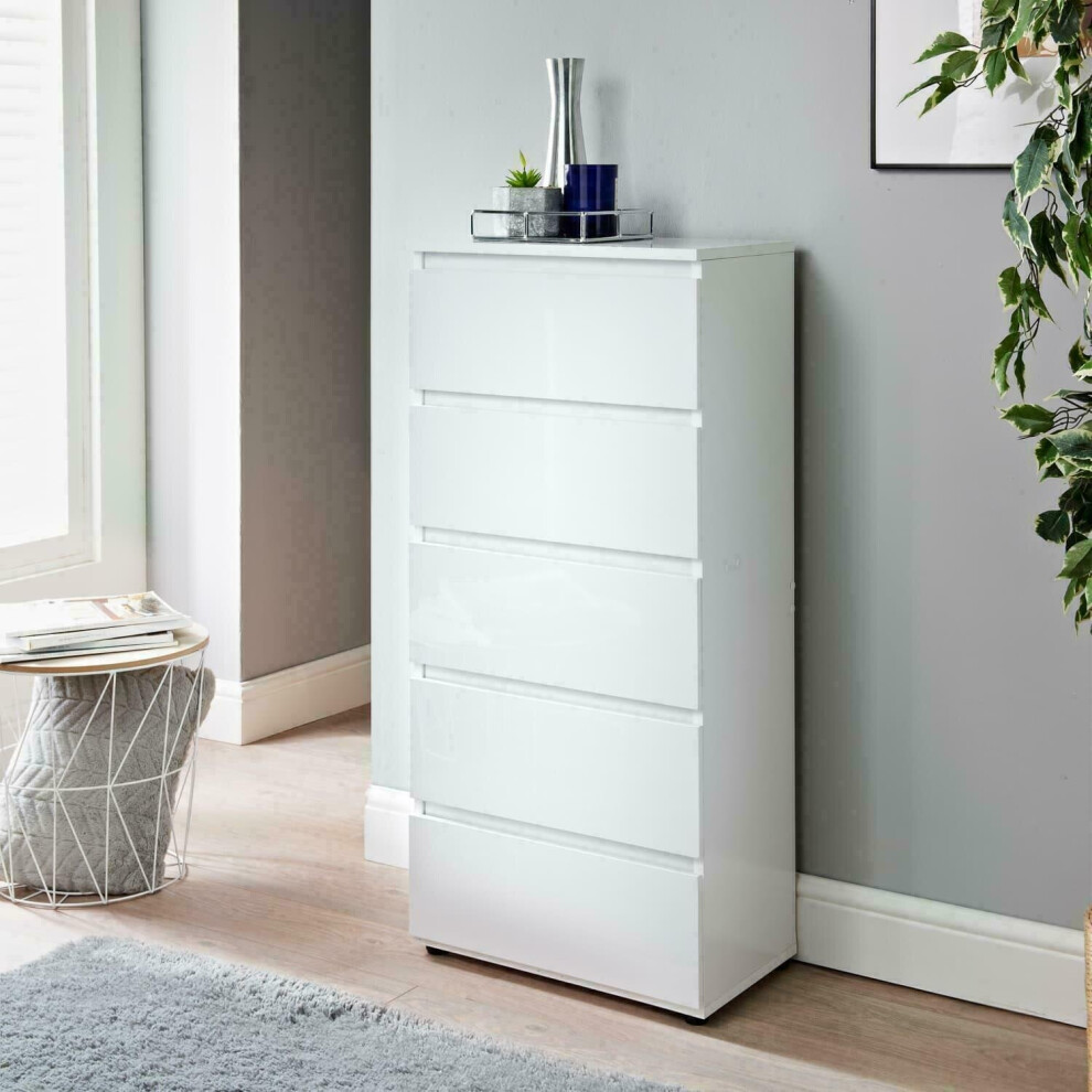 High Gloss White 5 Chest of Drawer Tall Cabinet Handle less G-0439