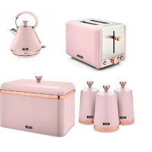 Pink & Rose Gold Cavaletto Pyramid Kettle, 2 slice Toaster Bread Bin & Canisters