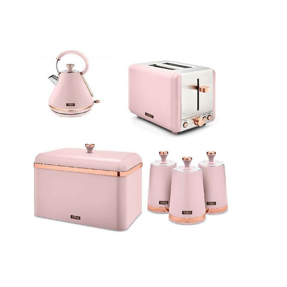Tower Pink & Rose Gold Cavaletto Pyramid Kettle, 2 Slice Toaster Bread Bin & Canisters Pink,Gold