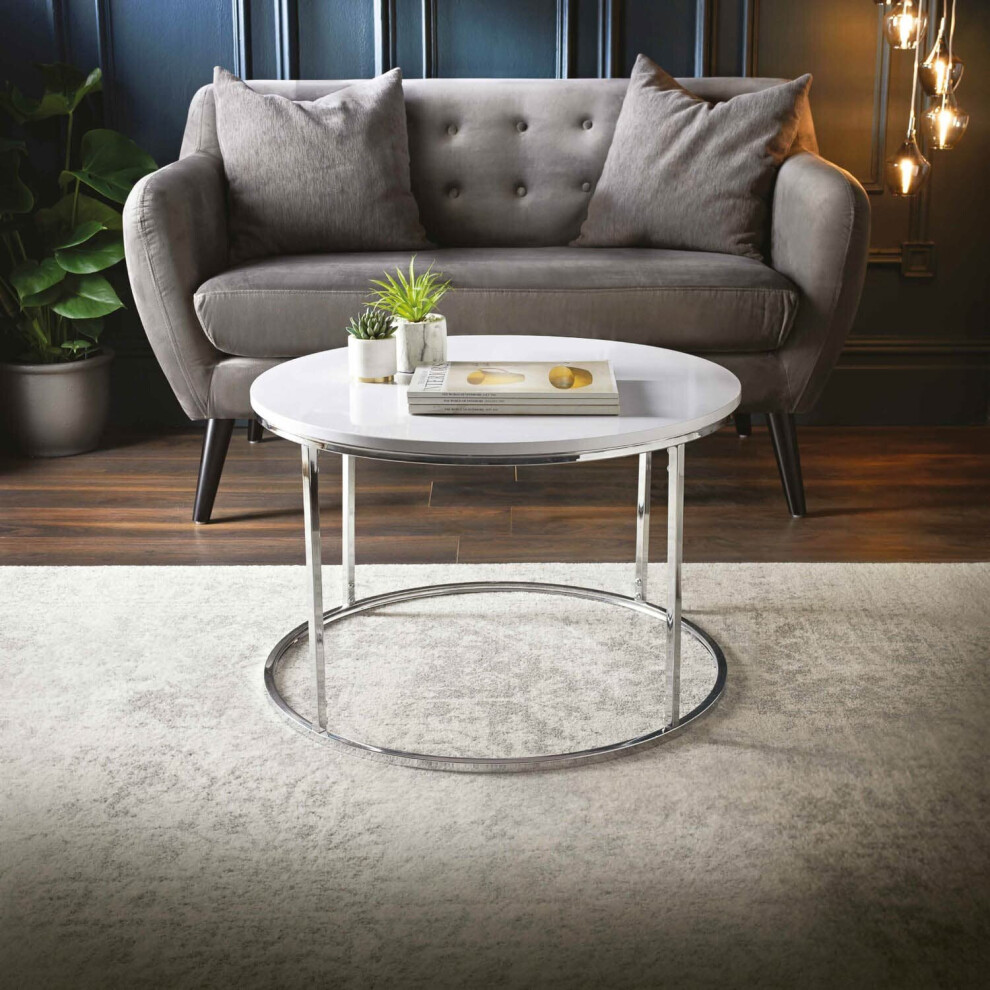 Contemporary White High Gloss Round Coffee Table With a Metal Base G-0471