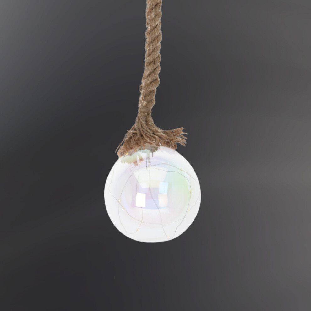 (10cm, Iridescent) LED Light Up Glass Ball Orb Globe On 1m Brown Jute Rope With Timer Décor Xmas