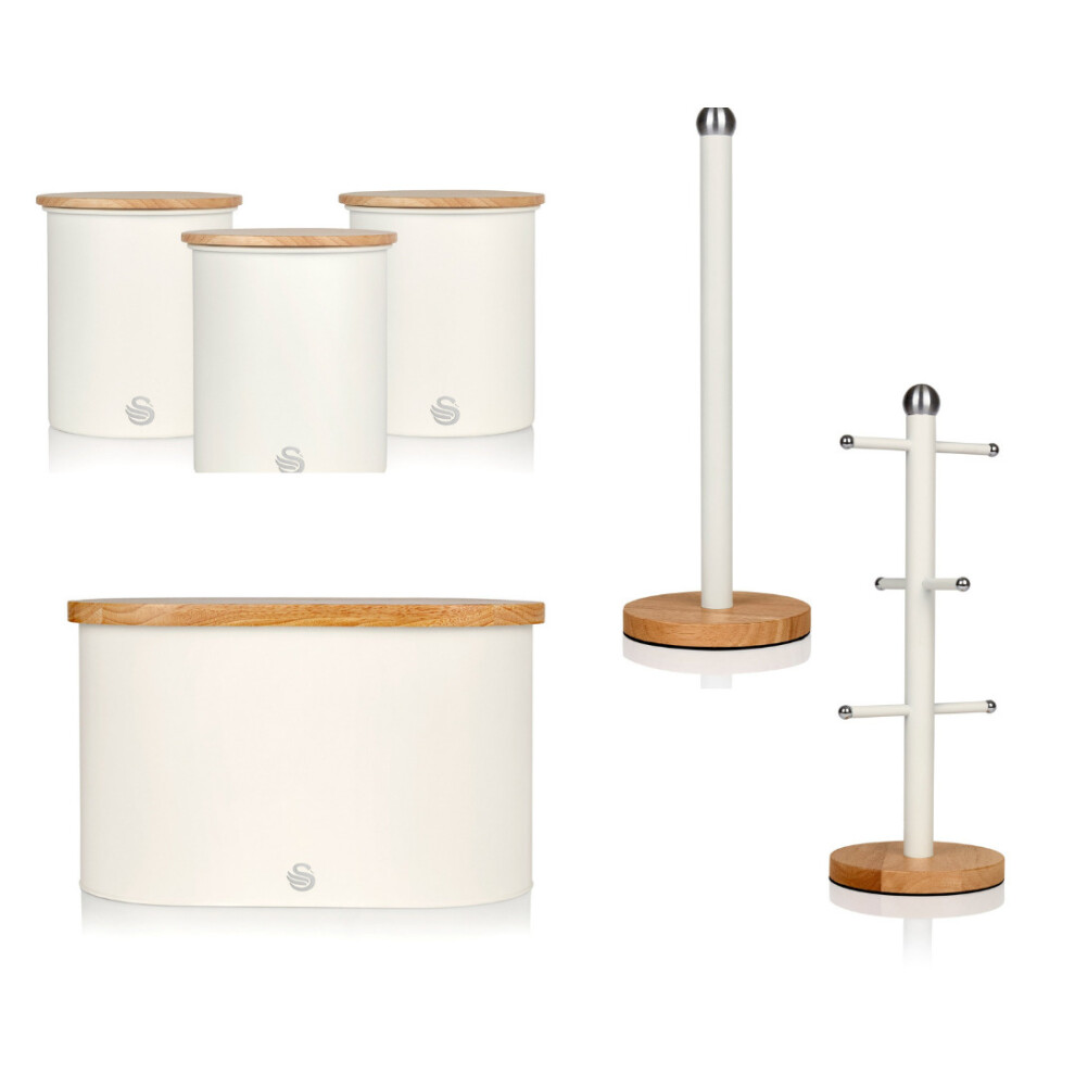 Swan (White) Nordic Set Mug Tree, Towel Pole, Bread Bin & 3 Canisters White