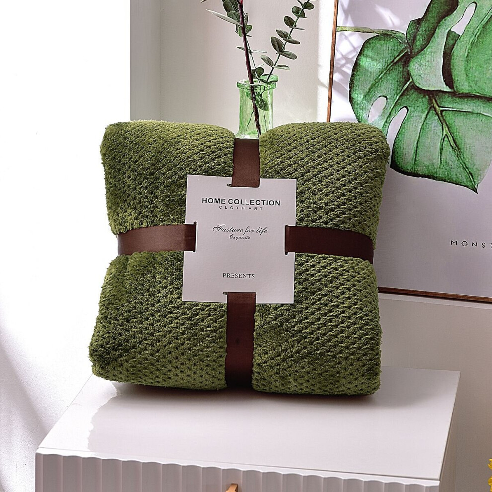 (Army Green, 70x100cm/27.55x39.37in) 4 Size Popcorn Waffle Blanket Fleece Travel Throw Sofa Bed Warm Cosy Blanket