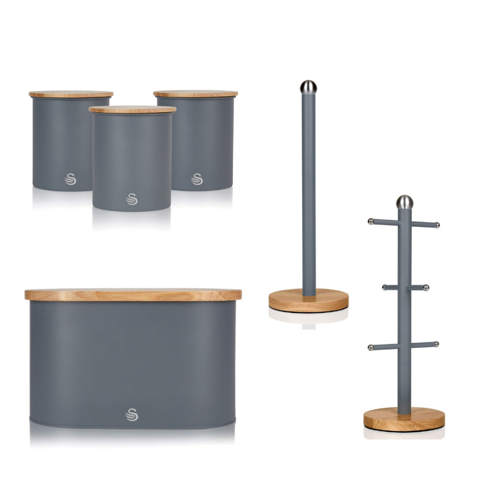 (Grey) Swan Nordic Set Mug Tree, Towel Pole, Bread Bin & 3 Canisters