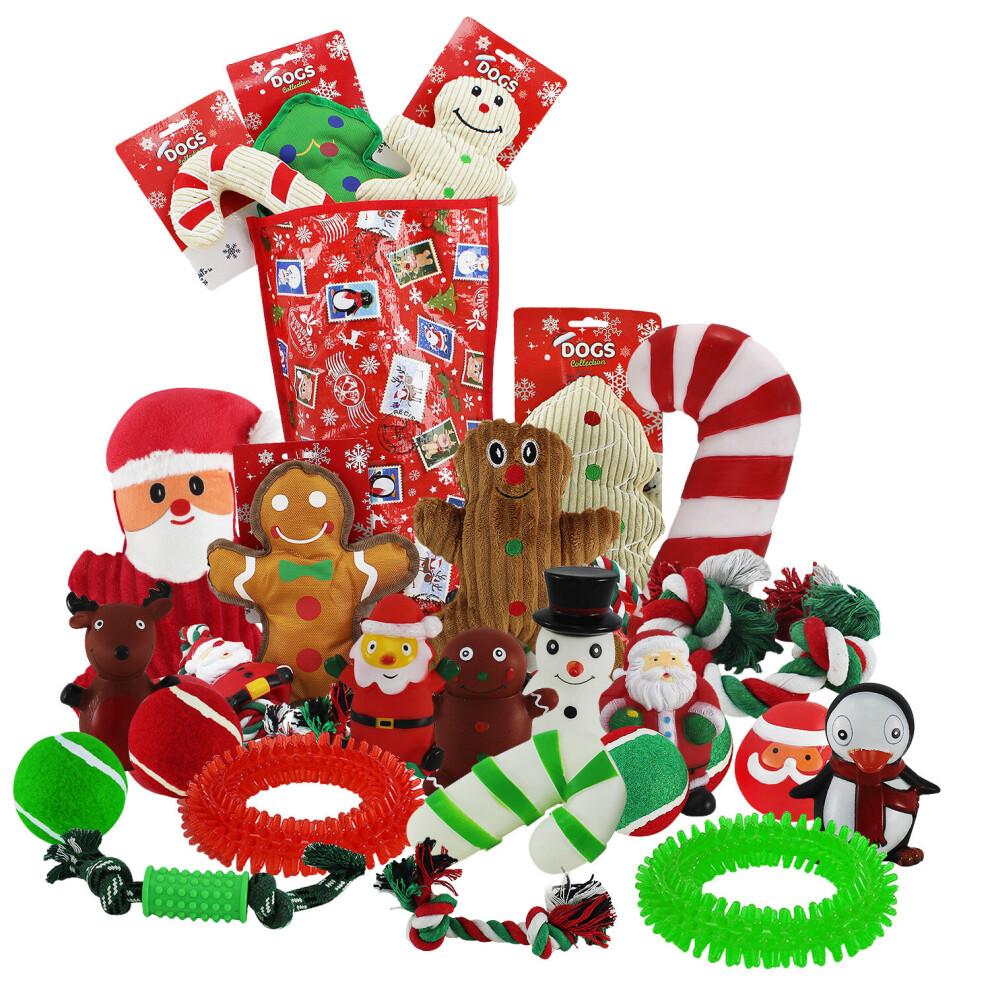 Christmas Dog Toys Xmas Bundle Squeaky Play Fetch Bite Chew Bones Balls Treats