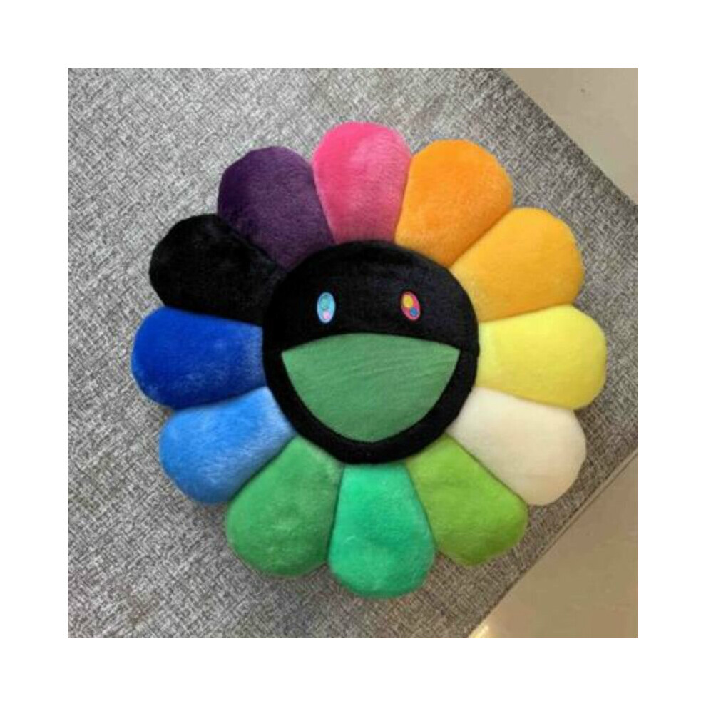 (Colorful ) 16In Takashi Murakami Rainbow Flower Pillow Plush Colorful Stuffed Gift Black