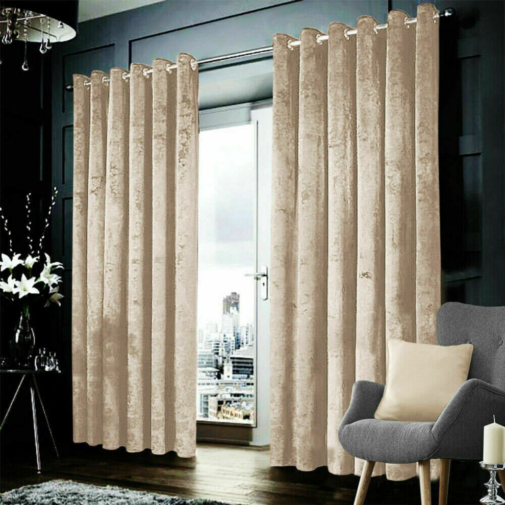 Modern Rugs Carpets Ltd (Beige 90" X 90"-(228Cm X 228Cm) ) Velvet Curtains Eyelet Ring Top Ready Made Curtain Cream