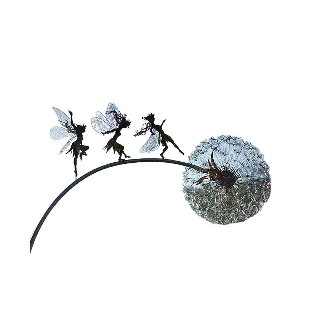 (B) Metal Flower Fairy Dandelions Statues Dance Together Yard Ornaments Garden Decor