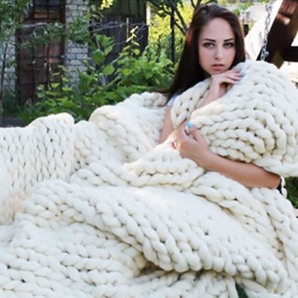 (White, 120x150CM) Warm Handmande Chunky Knitted Blanket Thick Yarn Merino Knit Throw Bed Sofa