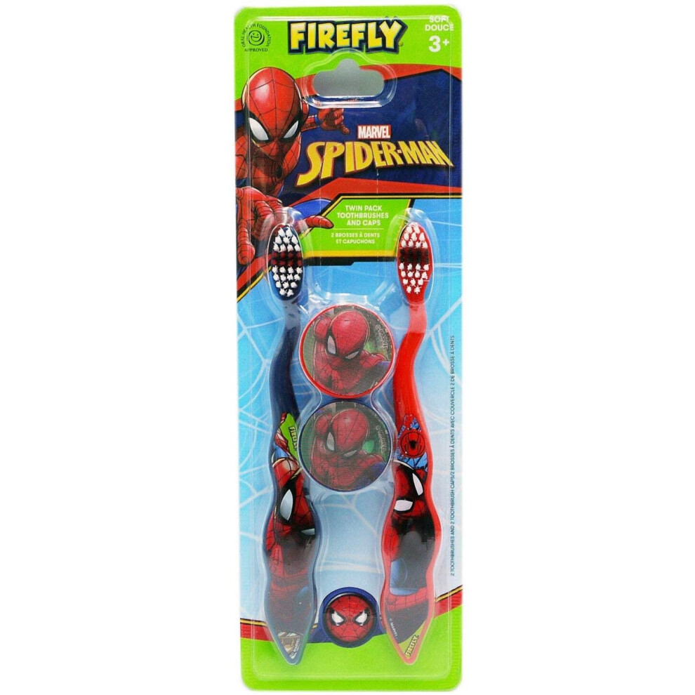 Spiderman Toothbrush Twin Pack with Caps for Kids Soft Filaments 3y+