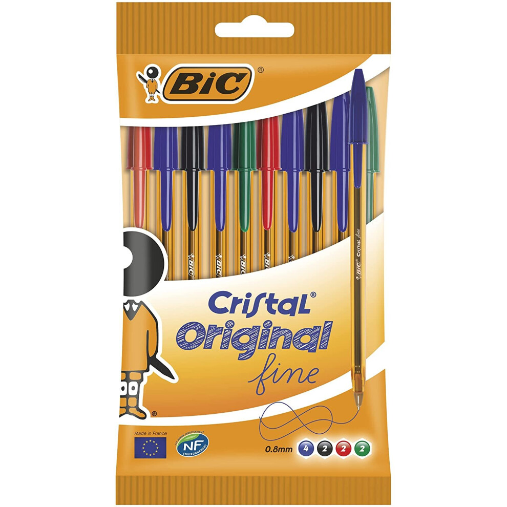 BIC Cristal Original Fine Ball Pens Fine Point (0.8 mm) - Assorted Colours, Pouch of 10