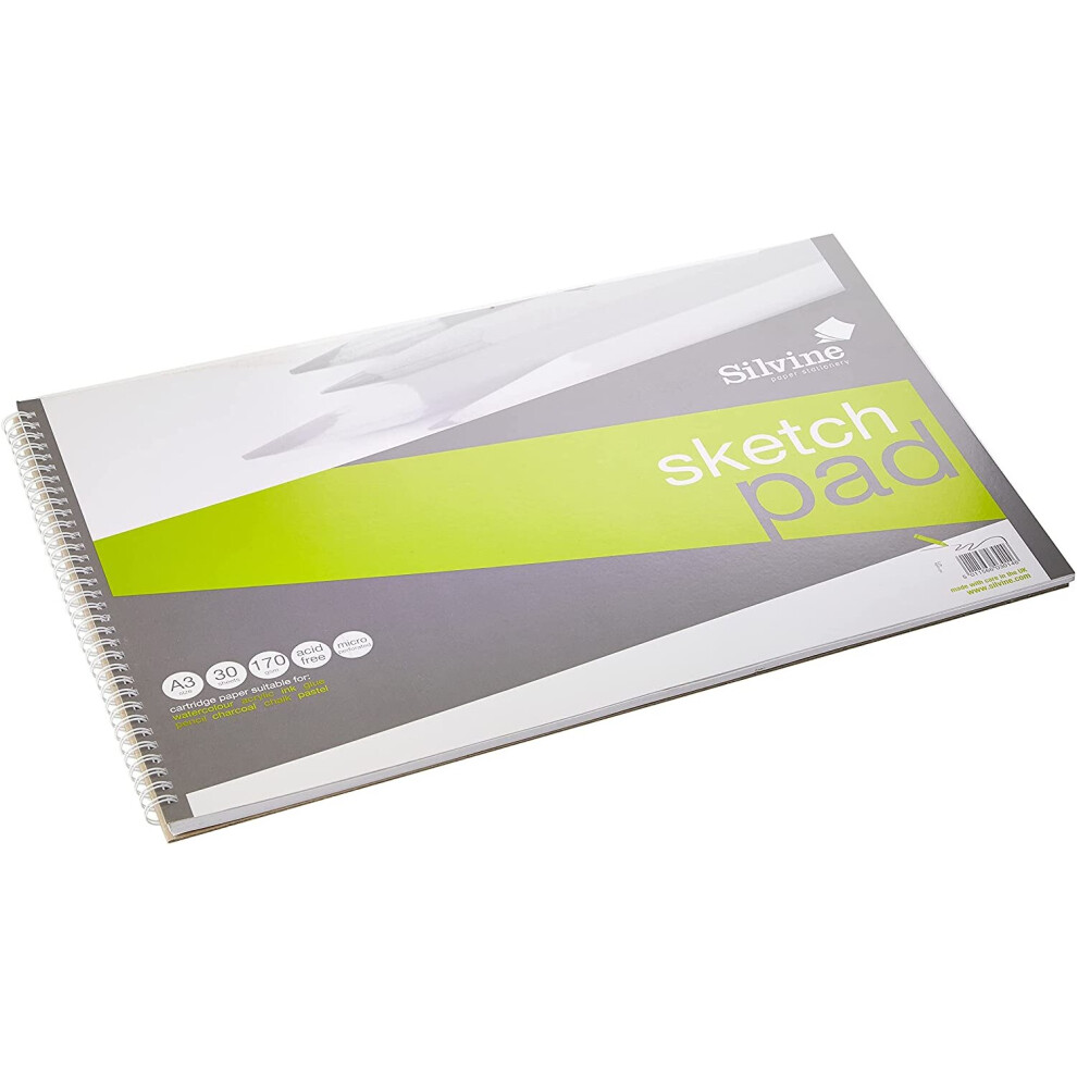 Silvine A3+ Wirebound Sketch Pad. 60 Pages (30 Sheets) 170gsm Smooth Cartridge Paper. Ref 473