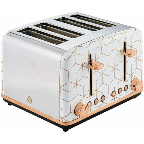 Swan Tribeca 4Slice Toaster in White, Rose Gold Accents Geometric