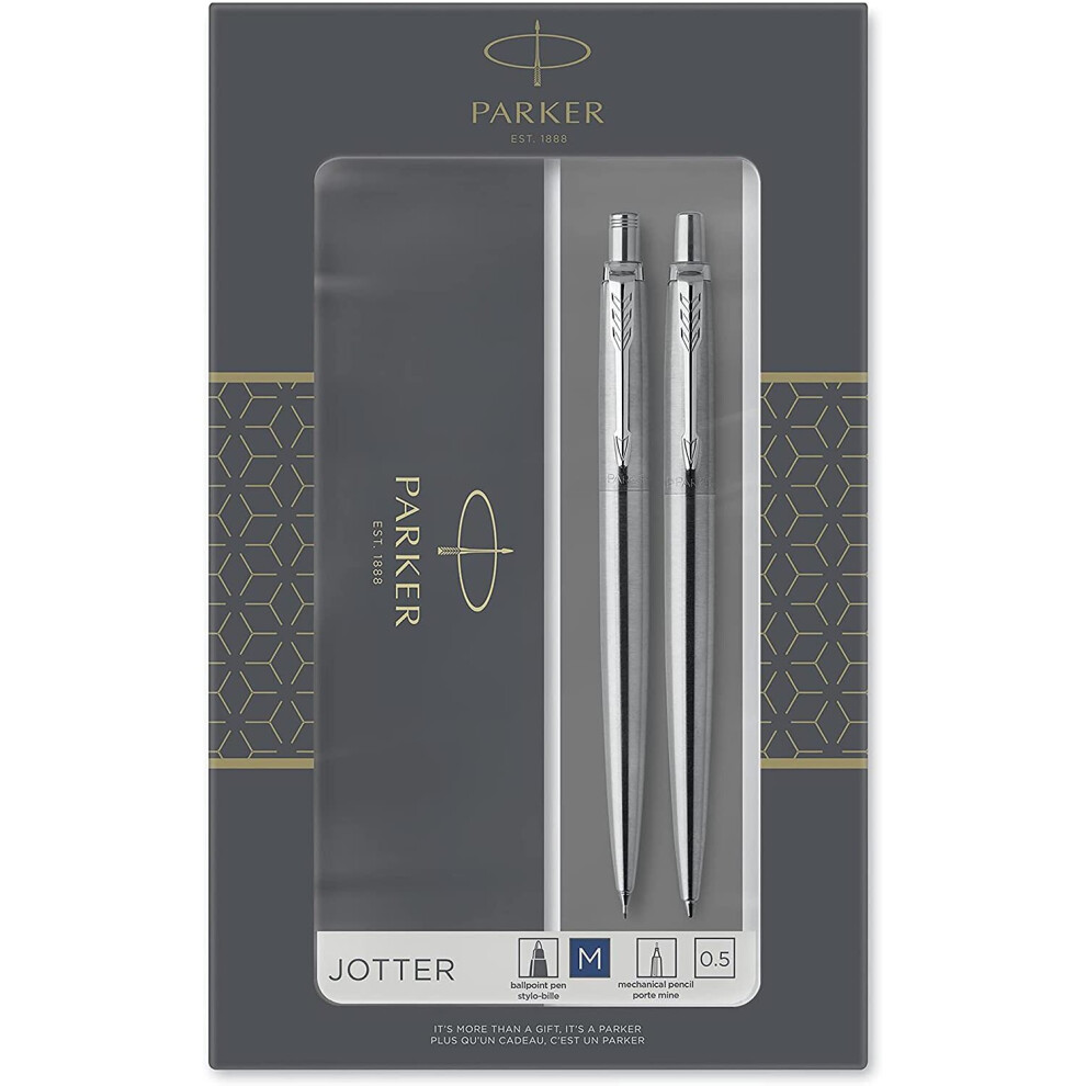 Parker Jotter Duo Gift Set With Ballpoint Pen & Mechanical Pencil (0.5Mm), Stainless Steel With Chrome Trim, Ink Refill, Gift Box Blue