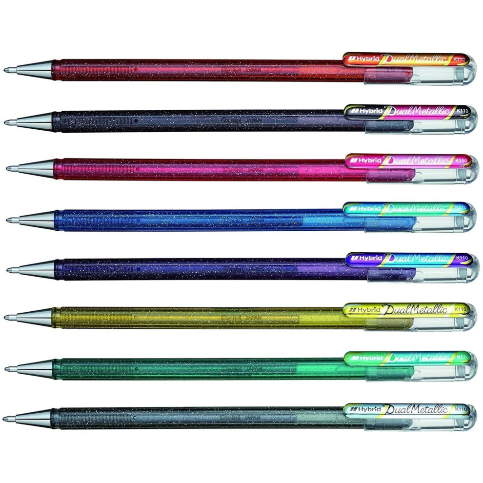 Pentel Hybrid Dual Metallic Liquid Gel Roller Pen YK110/8-M - Pack of 8 Pens in 16 Shimmering Metallic Colours