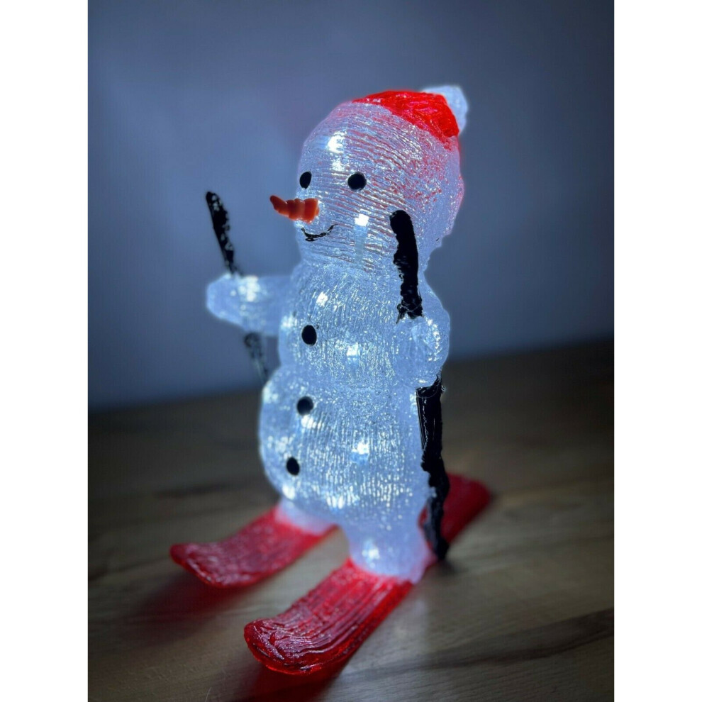 Snow Time 29Cm Skiing Snowman Christmas Decoration With 30 Ice Leds White