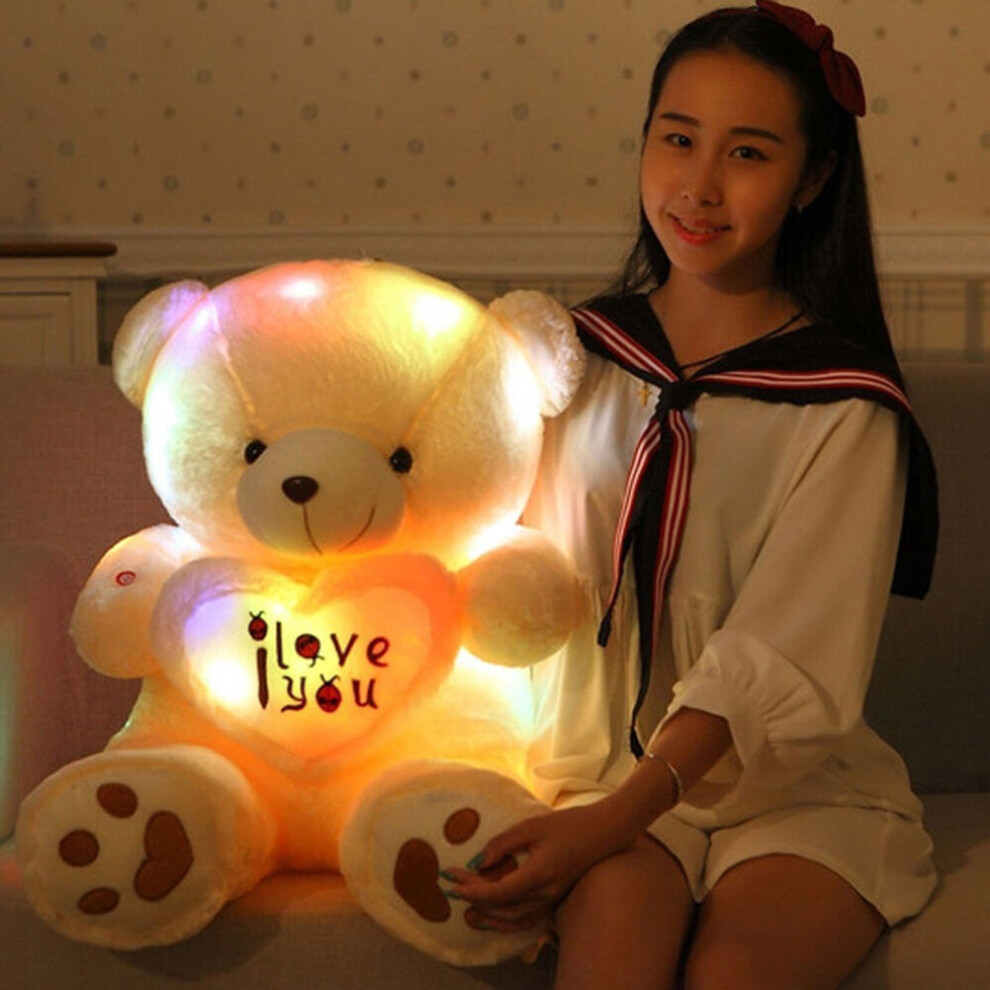 (White) Cute Lovely I Love You Pattern Glow Light Up Soft Plush Bear Stuffed Toy Gift