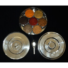 Balsara's Spice Box/Masala Dabba with 7 Comparments and 2 Stainless Steel Lids, Silver, 17cm with SPICES